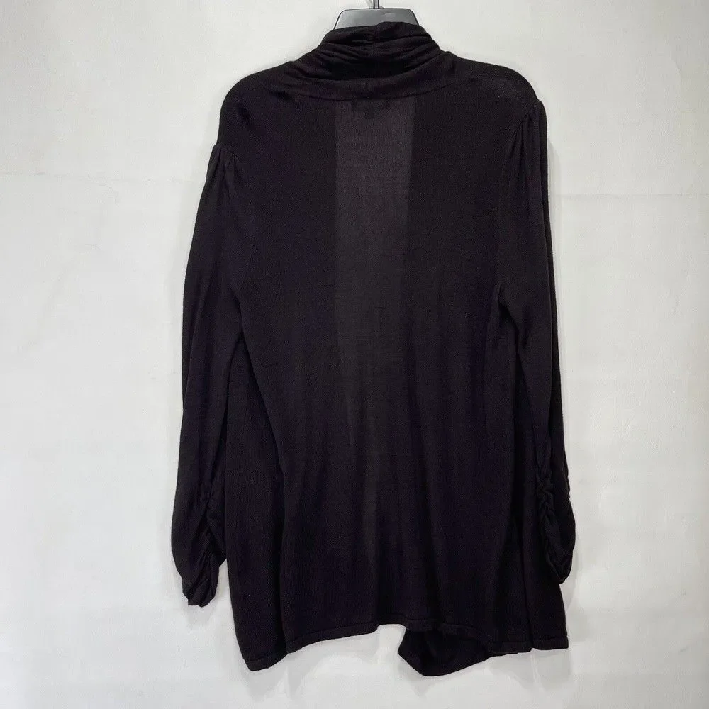 Premise Studio Women Cardigan L Brown Open Ruched Sleeve Cardigan Sweater